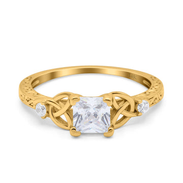 14K Yellow Gold Cushion Celtic Art Deco Engagement Ring Simulated Cubic Zirconia Size-7